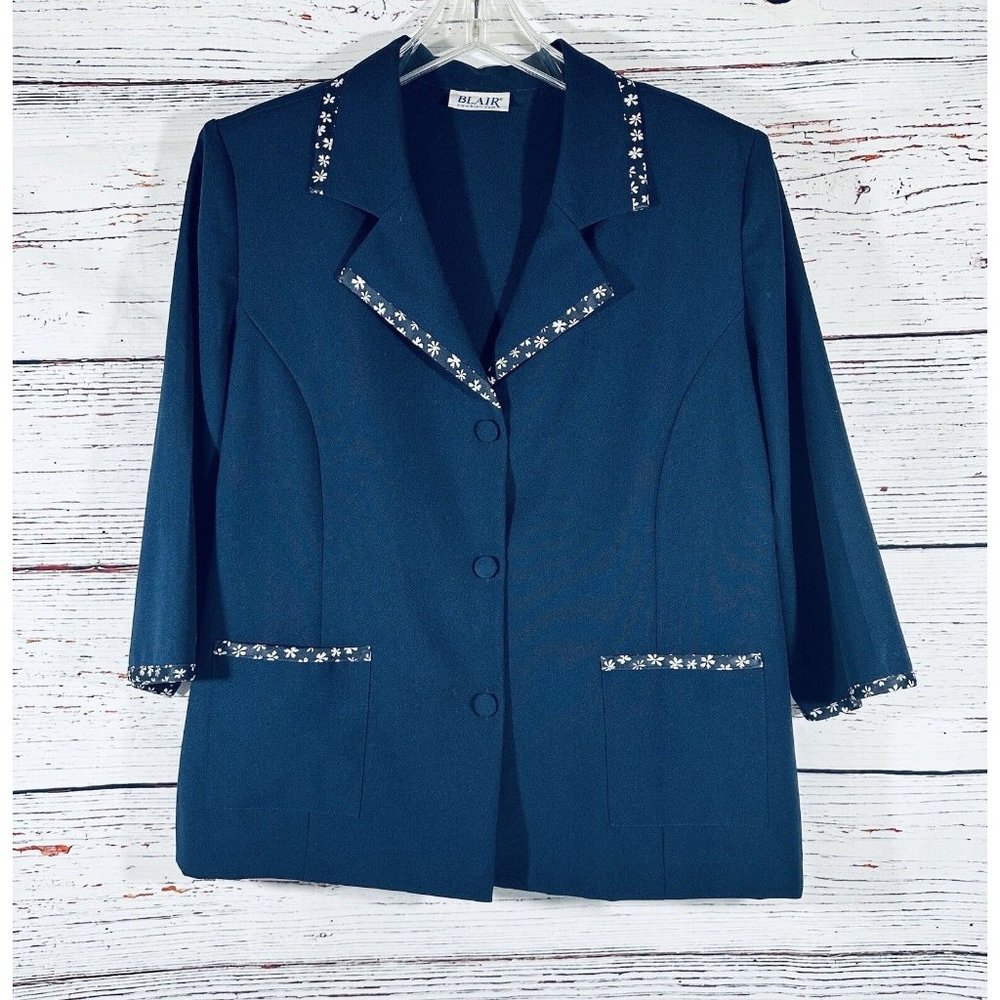 Blair Blue Daisy Blazer Womens Large Suit Jacket Navy Boxy Pockets Shoulder Pads